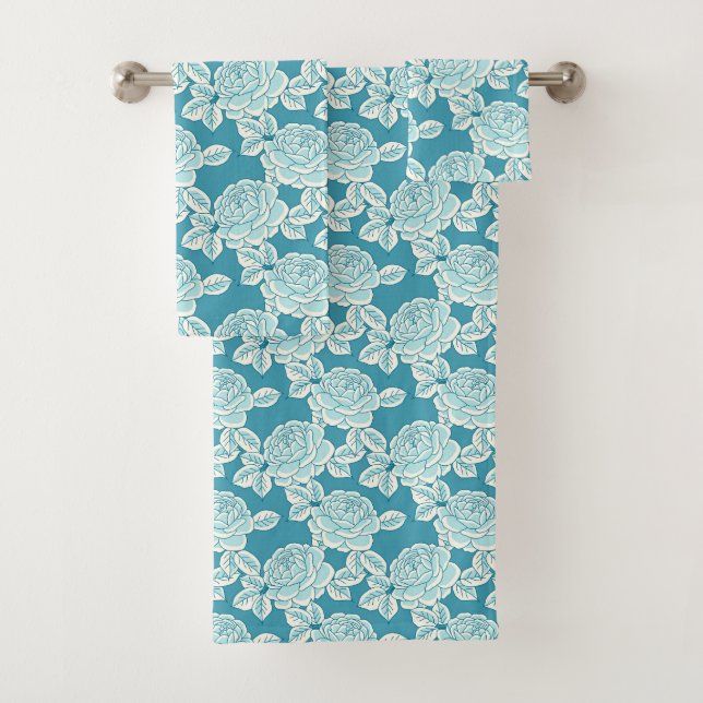 Hand Drawn Peony Floral Blue Towel Set (In situ)