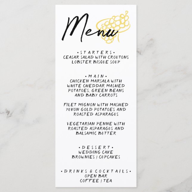 Hand Drawn Yellow White Whimsical Wedding Menu (Anverso)