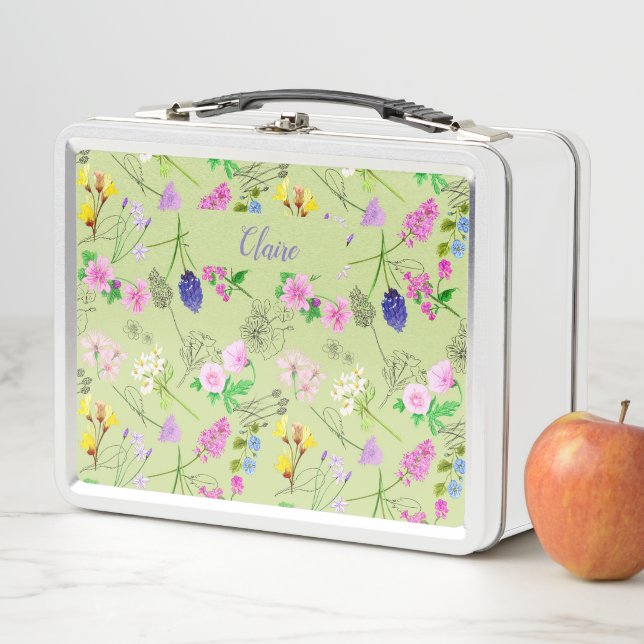 Hand-painted watercolour flowers on a pastel green (In situ)