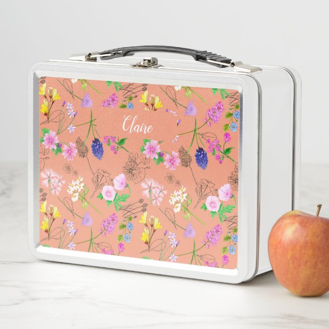 Hand-painted watercolour flowers on a peach  (In situ)