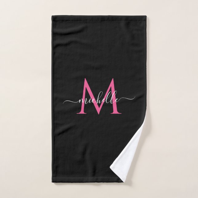Handwritten Script Name Black and Pink Monogram (Toalla de mano)