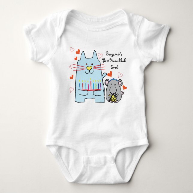 Hanukkah Baby Jersey Body Suite/Blue Cat and Mouse (Anverso)