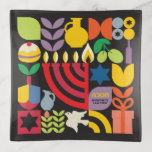 Hanukkah Chanukah Menorah Estrellas judías Dreidel<br><div class="desc">Hanukkah / Chanukah Colorful Modern Patrón Geométrico Trinket Tray con Faux Gold Foil. Menorah, Dreidel, Donuts, Stars & Olive oil... Están todos aquí. Símbolos Hebreos y Judíos Hanukkah Espacio para agregar tu texto personalizado. Felices deseos de Hanukkah. El hebreo dice "Chanukah". Este bonito y lujoso aspecto es un gran regalo...</div>