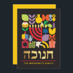 Hanukkah Chanukah Tarjeta de felicitación judía mo<br><div class="desc">Tarjeta de patrón geométrico moderno de color Hanukkah / Chanukah con Relieve metalizado dorado falso. Menorah, Dreidel, Donuts, Stars & Olive oil... Están todos aquí. Símbolos Hebreos y Judíos Hanukkah Espacio para agregar tu texto personalizado al frente y al revés. Felices deseos de Hanukkah. El hebreo en el frente dice...</div>