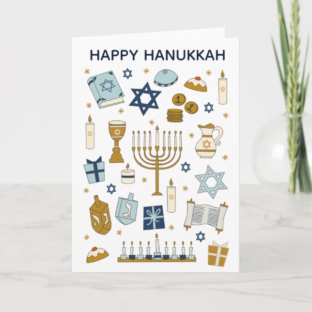 Hanukkah Doodles lindo tarjeta de vacaciones dobla (Anverso)