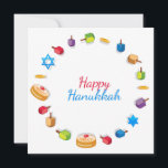 Hanukkah Dreidel Star Sufganiyah<br><div class="desc">Este diseño de vacaciones incluye el texto "Hanukkah feliz" en la tipografía moderna de color rojo y azul rodeada de dreidels,  monedas de oro,  estrellas y sufganiyah. #hanukkah #chanukah #vacaciones #estacional #festividad #moderna #dreidel #star #moneda #oro #starofdavid diseño #tarjetas #de diseño #saludos #tarjetas de felicitación #papel</div>