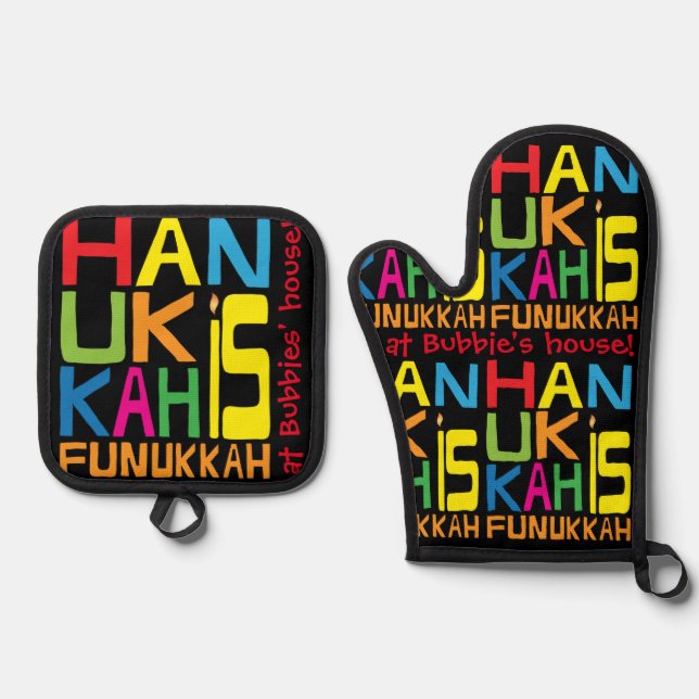 Hanukkah es Funukkah Oven Mitt & Pot Holder Set (Anverso)