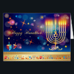 Hanukkah Festival de la Luz Tarjeta Menorah de vac<br><div class="desc">Feliz Hanukkah Hermosa tarjeta de saludo del Festival de las Luces de Festividad Judía. Fondo judío de Hanukkah con símbolos tradicionales de Chanukah - dreidels de madera (hilando arriba), donuts, menorah, velas, estrella de David y luces brillantes de bokeh, patrones de papel pintado brillantes. Decoración del Festival Hanukkah. Jerusalén, Israel....</div>