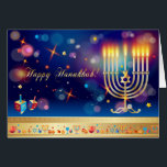 Hanukkah Festival de la Luz Tarjeta Menorah de vac<br><div class="desc">Feliz Hanukkah Hermosa tarjeta de saludo del Festival de las Luces de Festividad Judía. Fondo judío de Hanukkah con símbolos tradicionales de Chanukah - dreidels de madera (hilando arriba), donuts, menorah, velas, estrella de David y luces brillantes de bokeh, patrones de papel pintado brillantes. Decoración del Festival Hanukkah. Jerusalén, Israel....</div>