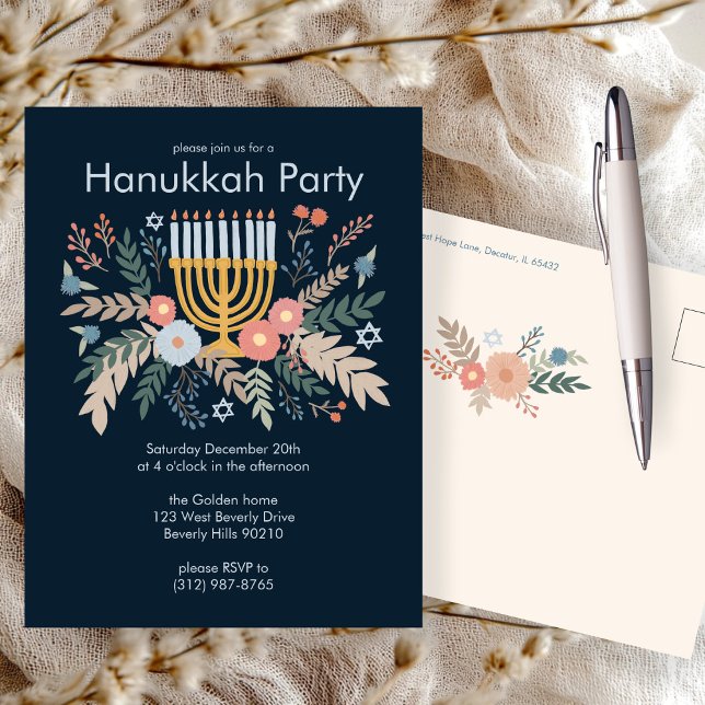 Hanukkah Florals Invitación a la fiesta de PERSONA (Hanukkah Florals Hand-draw CUSTOM Party Invitation Postcard
)