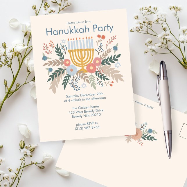 Hanukkah Florals Invitación a la fiesta de PERSONA (Hanukkah Florals Hand-draw CUSTOM Party Invitation Postcard
)