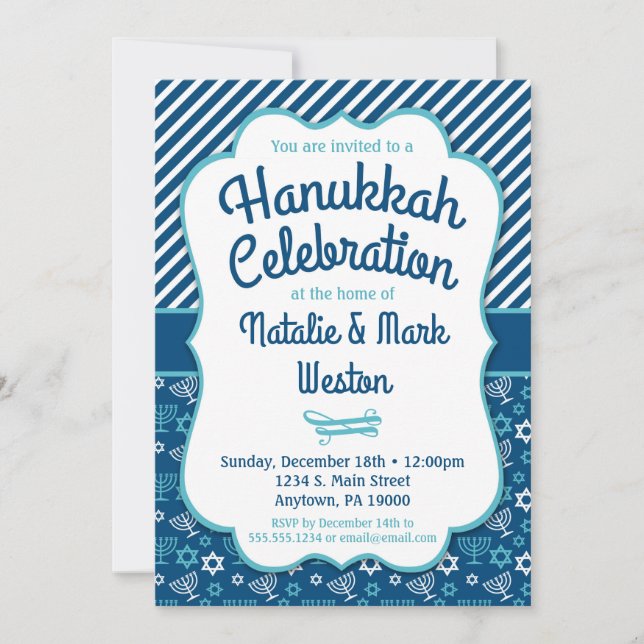Hanukkah Invitación Estrella Azul Menorah De David (Anverso)