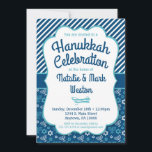 Hanukkah Invitación Estrella Azul Menorah De David<br><div class="desc">Una encantadora invitación azul Hanukkah con un patrón de menorah y Estrella de David en azul y turquesa,  junto con rayas azules y blancas. Que esta encantadora y divertida celebración de Chanukah sea su forma elegante de celebrar las fiestas.</div>