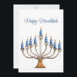 Hanukkah Menorah con velas azules y blancas ardien<br><div class="desc">Menorá acuarela con velas ardientes azules y blancas. Feliz saludo de Hanukkah y sentimientos en la espalda pueden ser cambiados. Gráfico asistido por IA adquirido con uso comercial. Material gráfico: CosmicMeta</div>