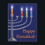 "Hanukkah Menorah". Postal<br><div class="desc">"Hanukkah Menorah" es un cuadro digital hecho con Photoshop de una Menorah Hanukkah con velas encendidas por tercera noche. Espero que lo disfrutes. Gracias,  Corbie Eva Crouse</div>