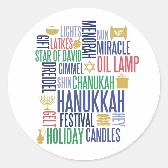 Hanukkah Palabras Pegatinas de la ronda de vacacio (Anverso)