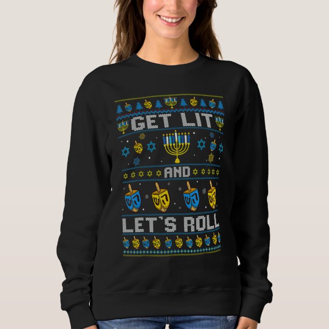 Hanukkah Ugly Sweater Get Lit and Lets Roll Chanuk (Anverso)
