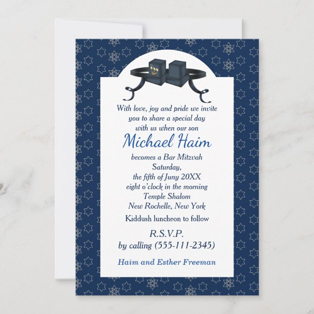 Happy Bar Mitzvah 20XX Invitación decorativa azul (Anverso)