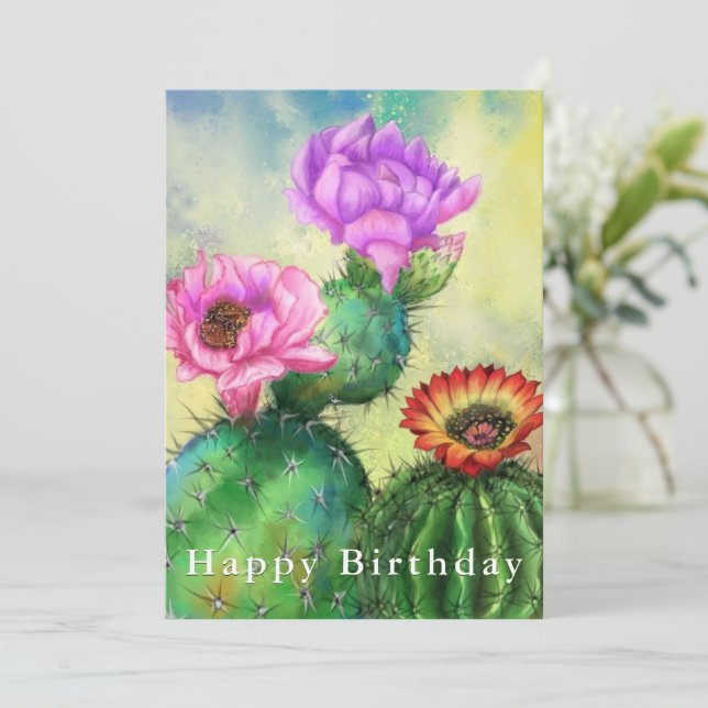 Happy Birthday Card Purple Pink Red Cactus (Anverso de pie)