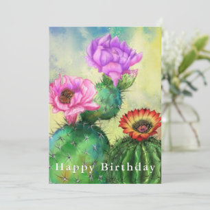 Happy Birthday Card Purple Pink Red Cactus