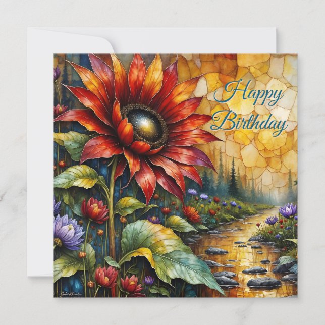 Happy Birthday Red Sunflower in valley by stream (Anverso)