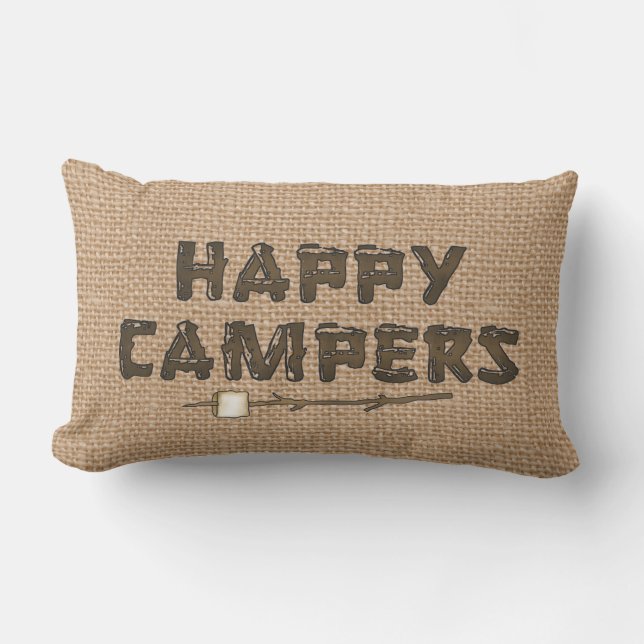 Happy Campers lumbar faux burlap almohada (Anverso)