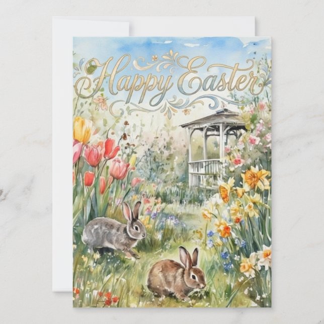 Happy Easter Spring Flowers & Bunnies Easter Card (Anverso)