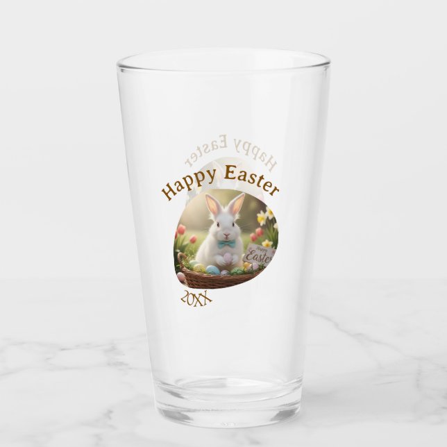 Happy Easter white bunny year photo family name  (Anverso)