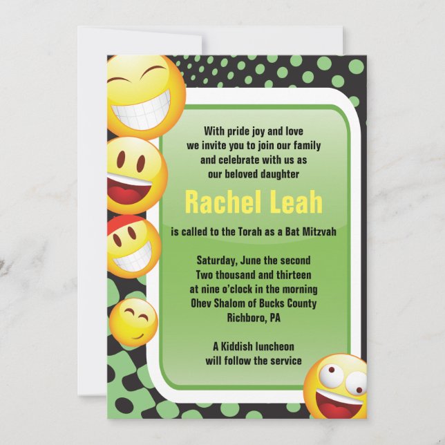 HAPPY EMOJI Bar Bat Mitzvah Invitación (Anverso)