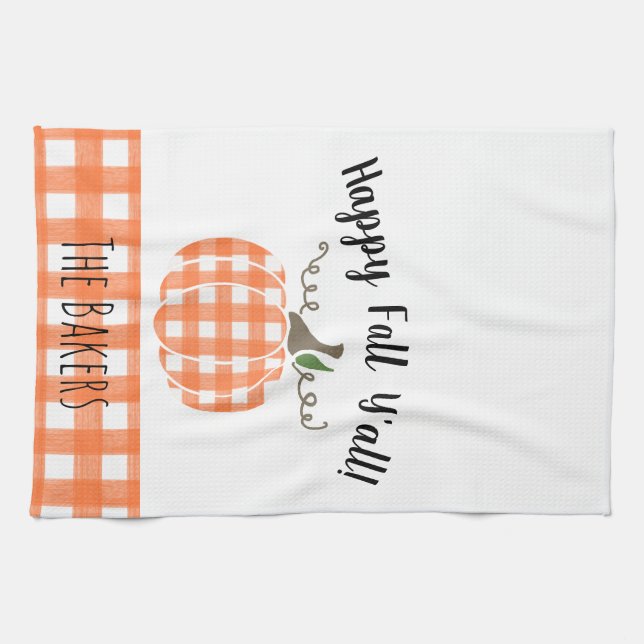 Happy Fall Y'all Naranja Plaid Kitchen Toalla (Horizontal)