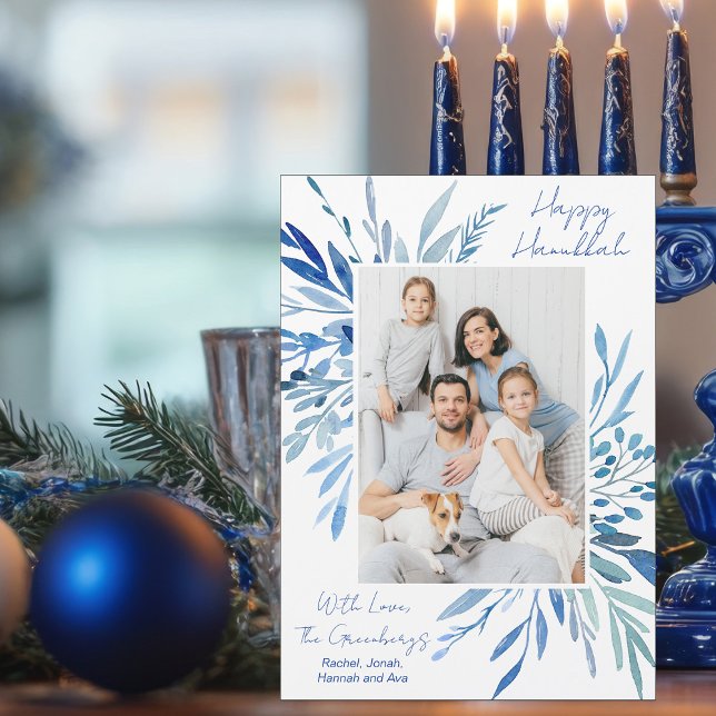 Happy Hanukkah Blue Botanical Family Photo Magnet (Subido por el creador)