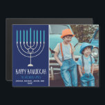 Happy Hanukkah Family Photo Blue Magnetic Card<br><div class="desc">Esta bonita y moderna tarjeta de imán Happy Hanukkah presenta una hermosa menorah sobre un fondo azul con tipografía blanca. Esta hermosa tarjeta magnética judía de festividades fotográficas muestra la fotografía de sus hijos junto al nombre de su familia.</div>