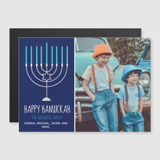 Happy Hanukkah Family Photo Blue Magnetic Card (Anverso/Reverso)
