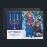 Happy Hanukkah Family Photo Menorah Magnet Card<br><div class="desc">Esta tierna y moderna tarjeta magnética Happy Hanukkah presenta una hermosa menorah sobre un fondo azul. Esta hermosa tarjeta judía de festividad magnética fotográfica muestra su propia fotografía junto al nombre de su familia.</div>