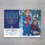 Happy Hanukkah Family Photo Menorah Magnet Card<br><div class="desc">Esta tierna y moderna tarjeta magnética Happy Hanukkah presenta una hermosa menorah sobre un fondo azul. Esta hermosa tarjeta judía de festividad magnética fotográfica muestra su propia fotografía junto al nombre de su familia.</div>