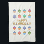 Happy Hanukkah Kitchen Toallas<br><div class="desc">Un divertido y festivo diseño Hanukkah con coloridos sueños y estrellas. Un diseño y un patrón moderno,  no tradicional,  con diseños estilizados y formas geométricas de la Estrella de David.</div>