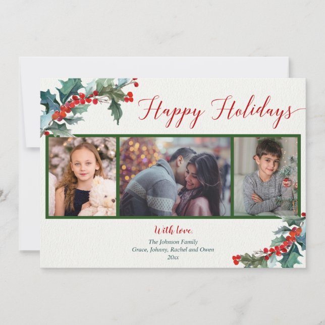 Happy Holidays acuarela holly 3 foto tarjeta (Anverso)