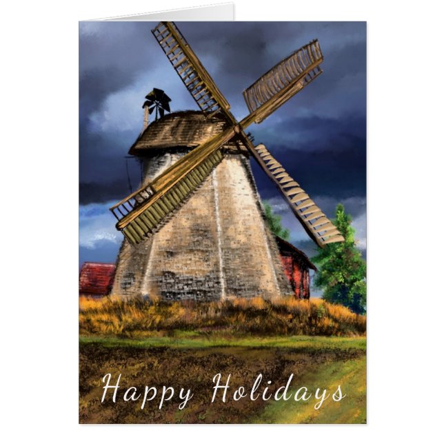 Happy Holidays Card Netherlands Windmill Landscape (Frente)