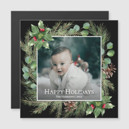 Happy Holidays Photo Wreath Greenery Magnetic Card