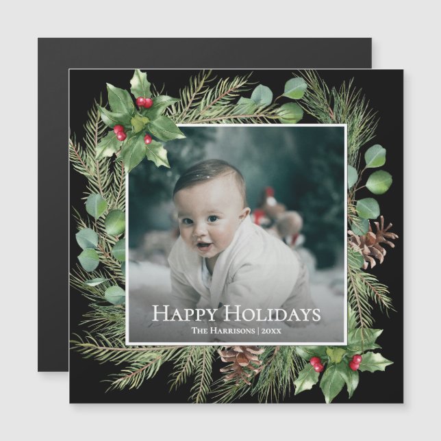 Happy Holidays Photo Wreath Greenery Magnetic Card (Anverso/Reverso)