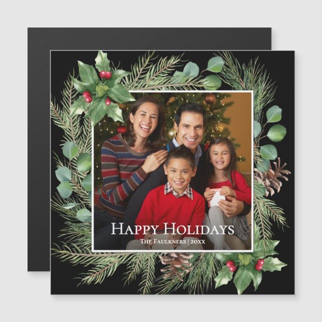 Happy Holidays Photo Wreath Greenery Magnetic Card (Anverso/Reverso)