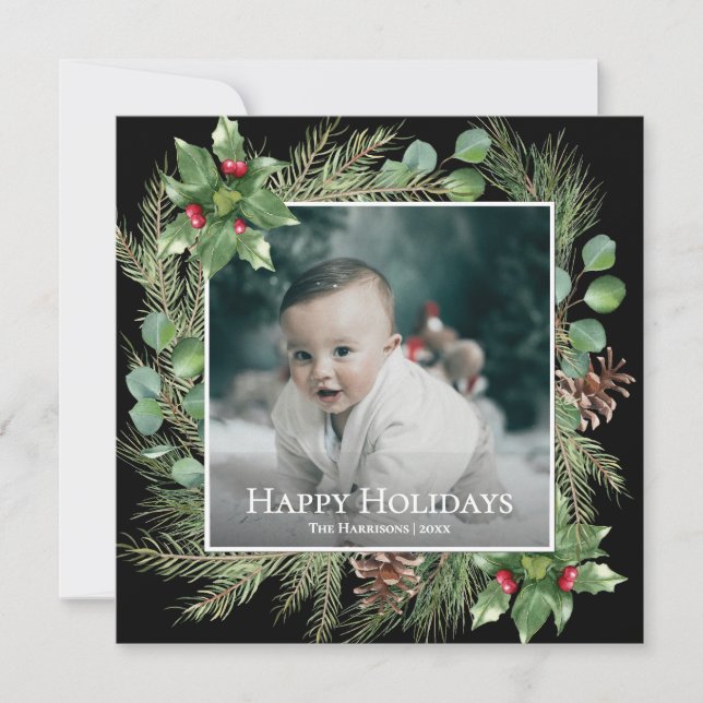 Happy Holidays Photo Wreath Square Christmas Card (Anverso)