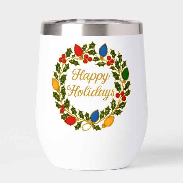 Happy Holidays Wreath Christmas Lights and Holly (Trasero)