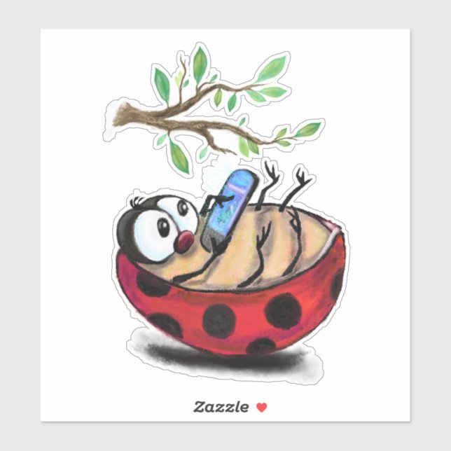 Happy Ladybug con Phone Funny Pegatina (Hoja)