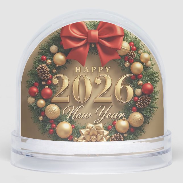 happy new year 2026 golden wreath snow globe (Anverso)