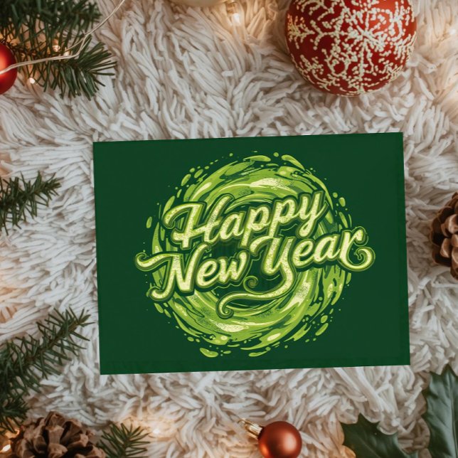 Happy new Year green Swirl Flat Card (Subido por el creador)