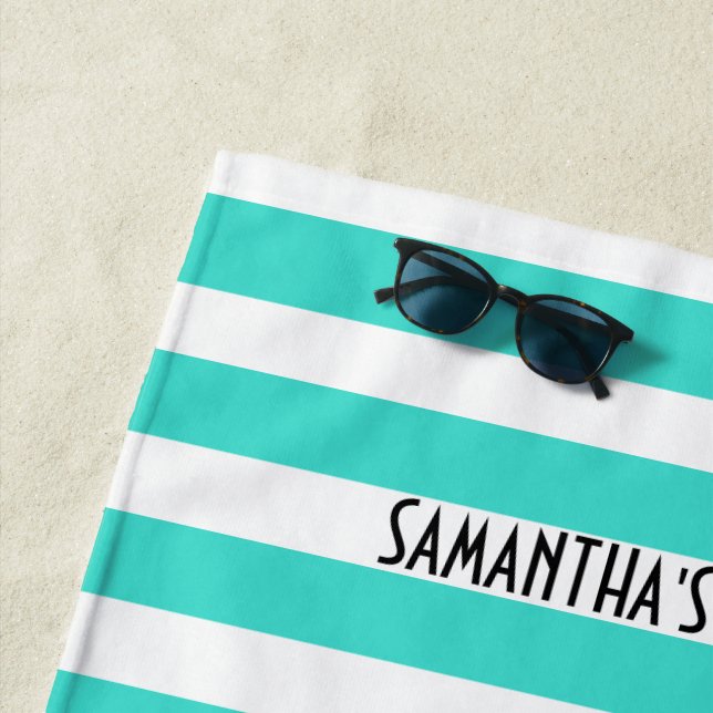 Happy Place Neon Aqua y White Stripe Beach Toallas (In situ)