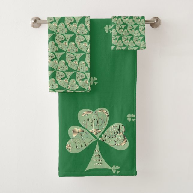 "Happy St. Patrick's" Shamrock Green Towel (In situ)