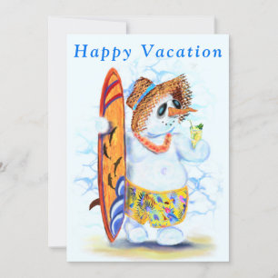Happy Summer Vacation Card Snowman Surfer