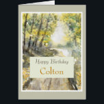 Happy Trails Happy Birthday Personalize Name Card<br><div class="desc">A lovely painting of trees and a forest trail with a warm birthday message for happy trails for the next year. Personalize with recipient name.</div>